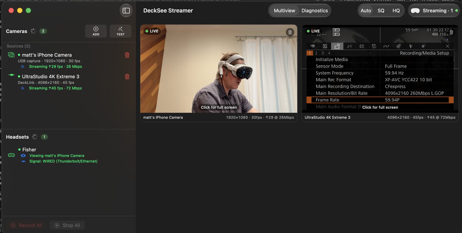 DeckSee Streamer on the Mac — sources, headsets, multiview